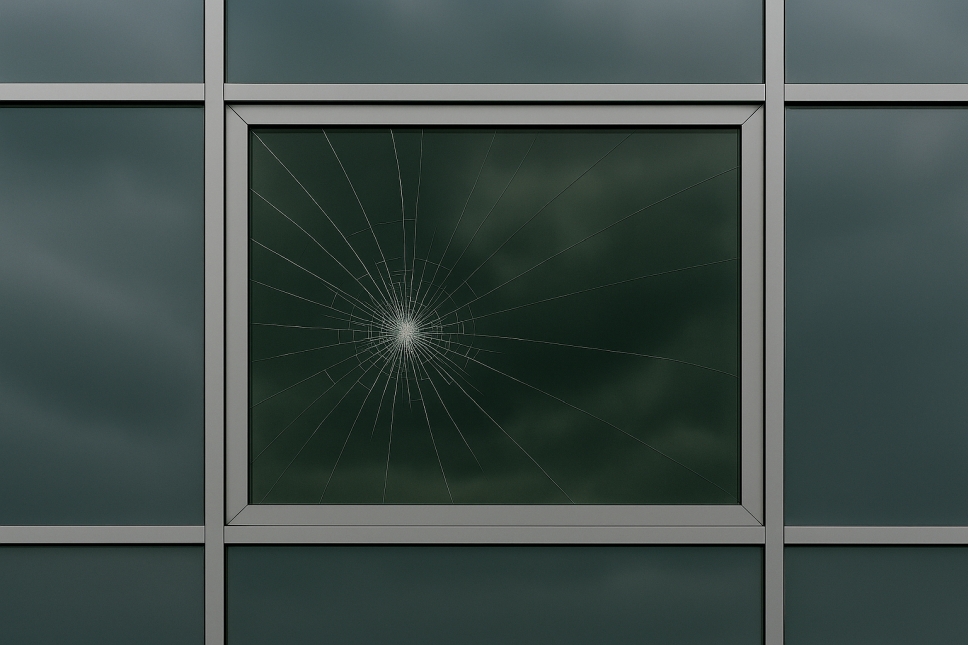 facade with broken glass