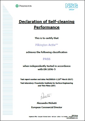 Declaration of self-cleaning performance