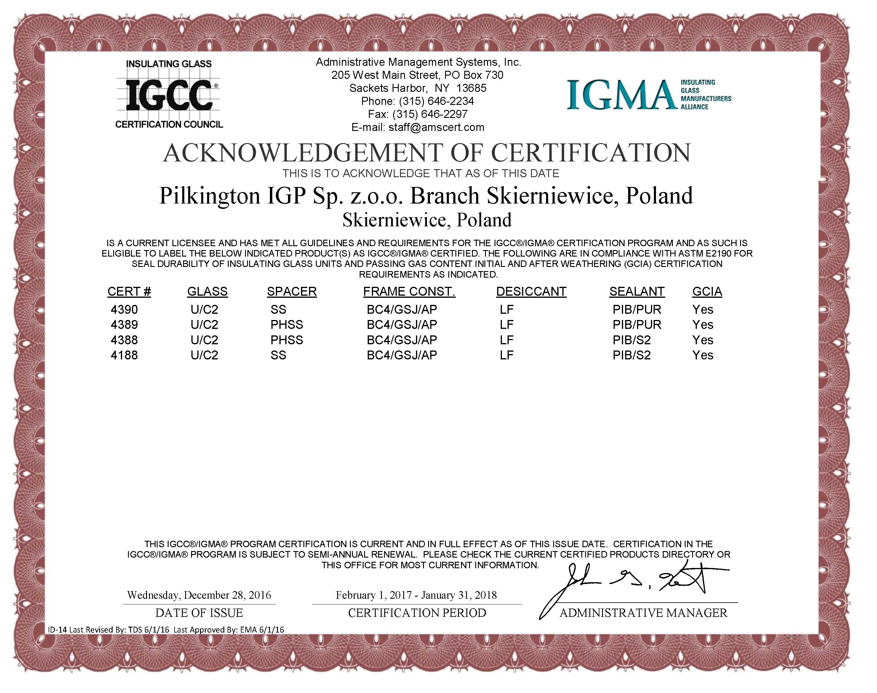 Nowy certyfikat IGCC/IGMA Pilkington IGP