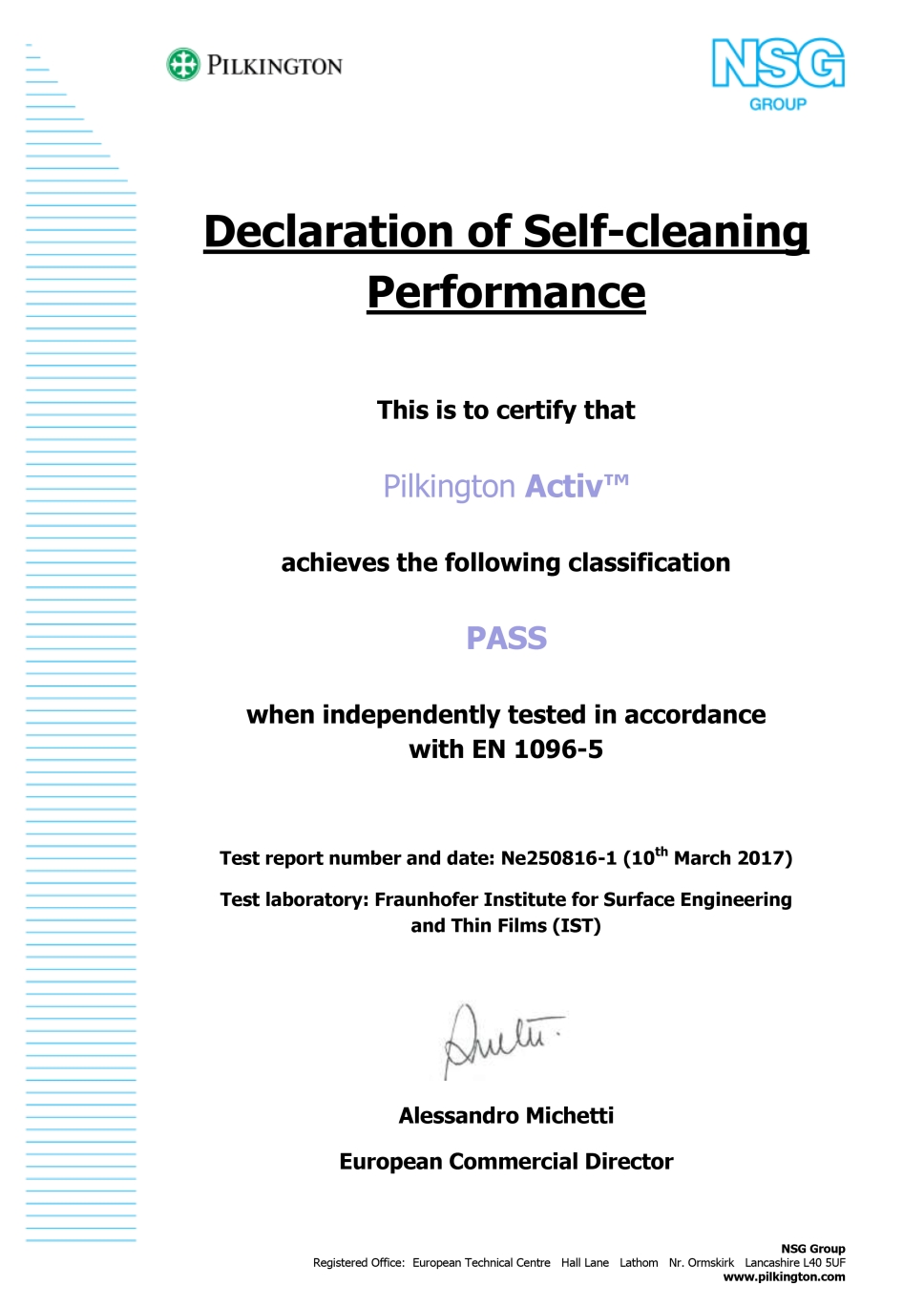 Declaration of Self-cleaning Performance for Pilkington Activ